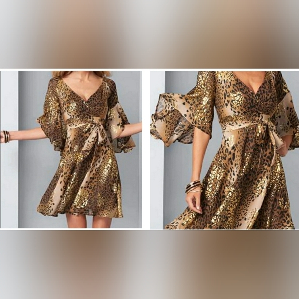 Kentucky Derby Chic 18 Metallic Gold Animal Print Bell Sleeve Shimmering Dress